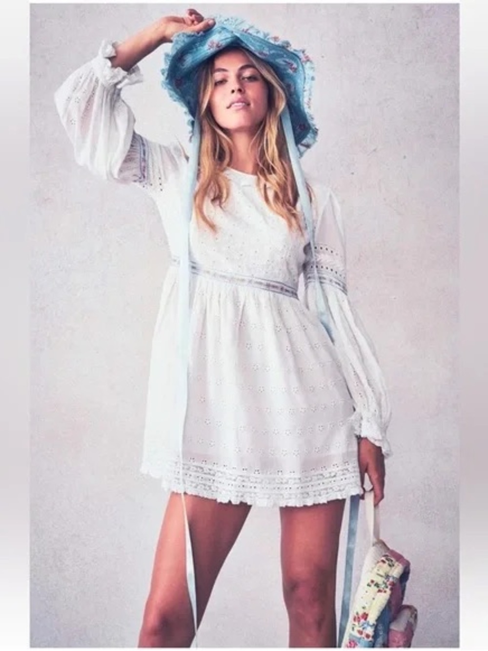LoveShackFancy White Eyelet Mini Dress with Lace Trim